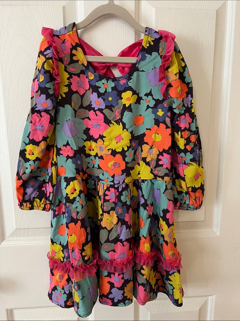 Girls' Bright Floral Ruffle Long-Sleeve Dress - Black Multi